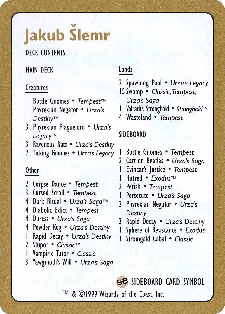 {C} Jakub Slemr Decklist [World Championship Decks 1999][GB WC99 JS0B]