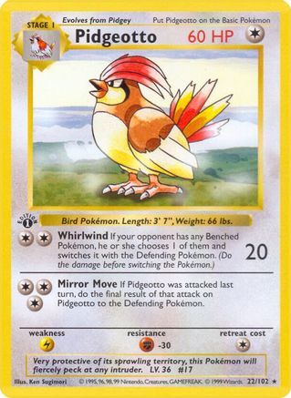 [PKM] Pidgeotto (22/102) (Shadowless) [Base Set 1st Edition]