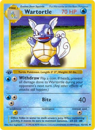 [PKM] Wartortle (42/102) (Shadowless) [Base Set 1st Edition]