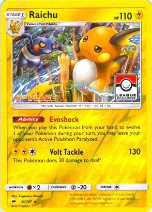 [PKM] Raichu (41/147) (League Promo 4th Place) [Sun & Moon: Burning Shadows]