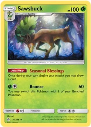 [PKM] Sawsbuck (16/236) (Prerelease Kit Exclusive) (Theme Deck Exclusive) [Sun & Moon: Cosmic Eclipse]