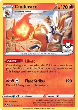 [PKM-R] Cinderace (034/202) (League Promo) [Sword & Shield: Base Set]