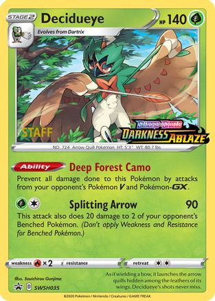 [PKM] Decidueye (SWSH035) (Staff Prerelease Promo) [Sword & Shield: Black Star Promos]