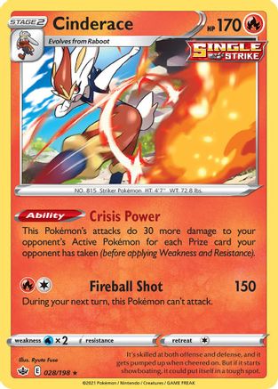 [PKM-R] Cinderace (028/198) (Theme Deck Exclusive) [Sword & Shield: Chilling Reign]
