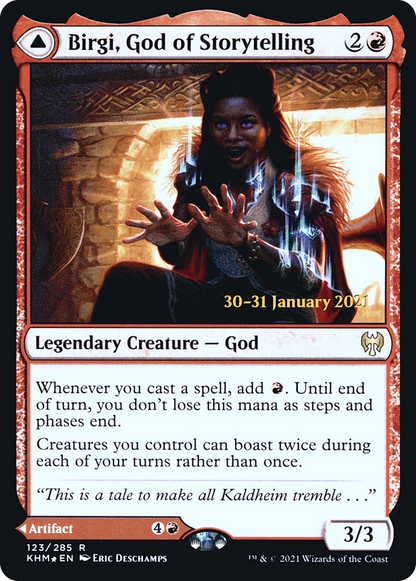 {R} Birgi, God of Storytelling // Harnfel, Horn of Bounty [Kaldheim Prerelease Promos][PR KHM 123]