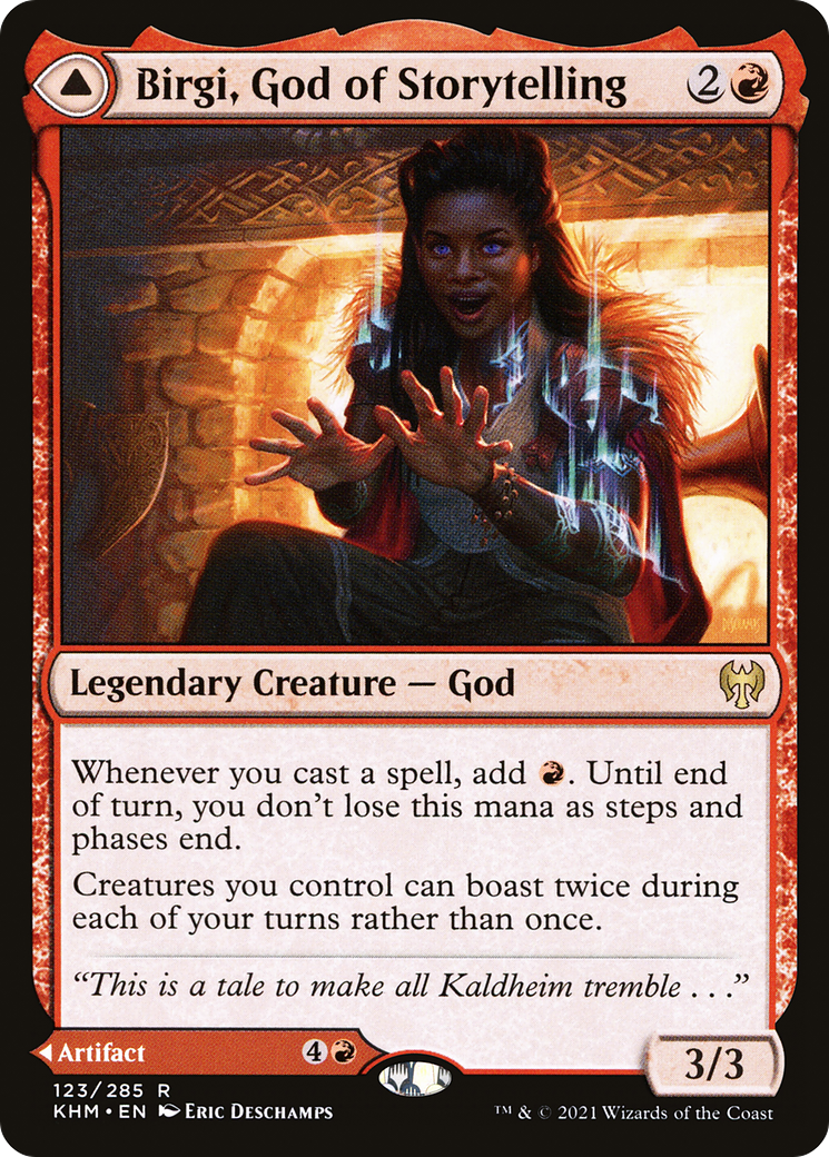{R} Birgi, God of Storytelling // Harnfel, Horn of Bounty [Kaldheim][KHM 123]