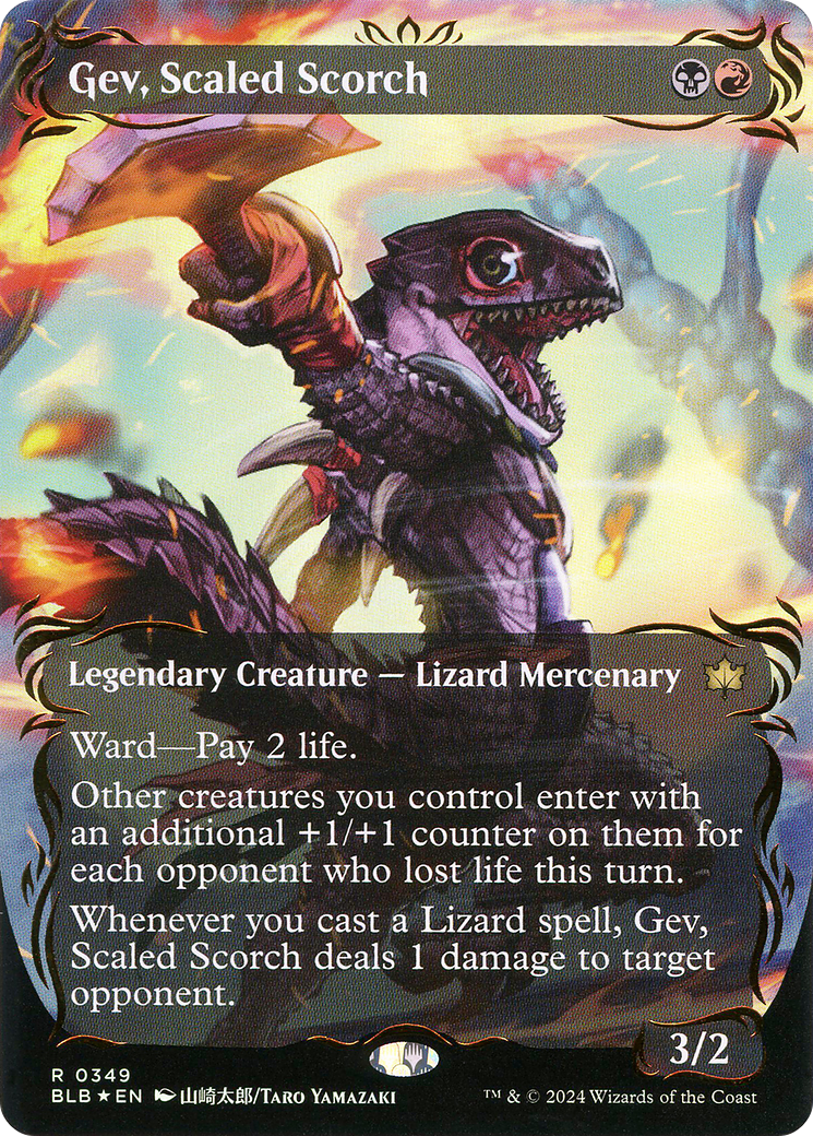 {@R} Gev, Scaled Scorch (Borderless) (Raised Foil) [Bloomburrow][BLB 349]