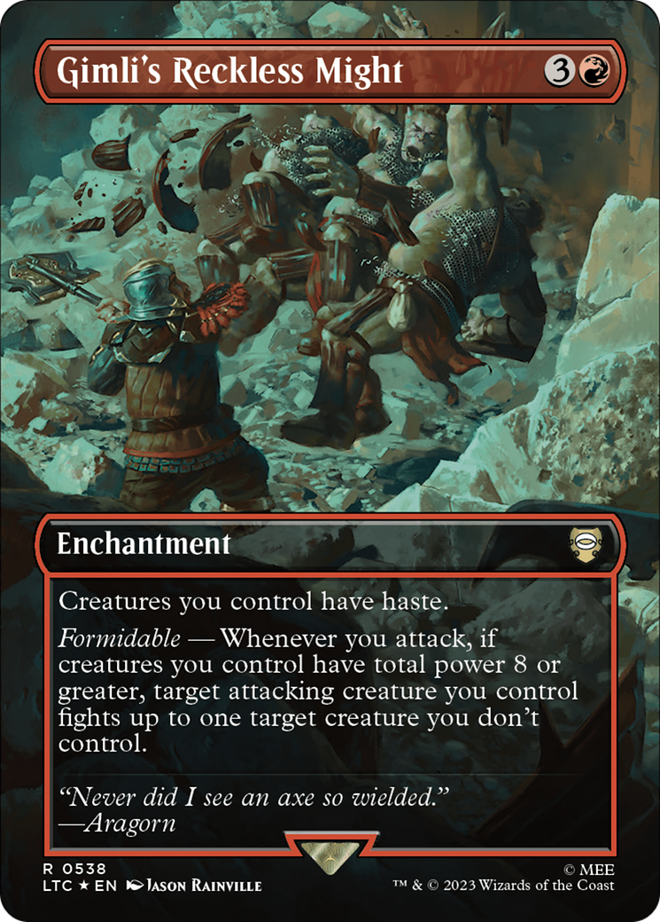 {R} Gimli's Reckless Might (Borderless) (Surge Foil) [The Lord of the Rings: Tales of Middle-Earth Commander][LTC 538]