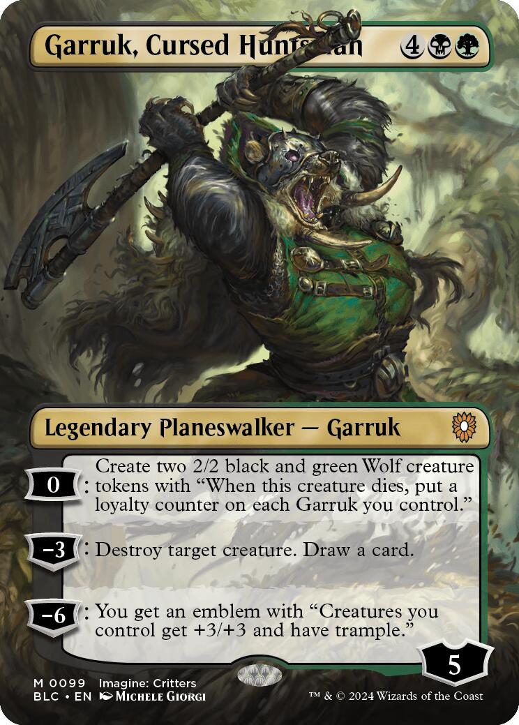 {R} Garruk, Cursed Huntsman (Borderless) [Bloomburrow Commander][BLC 099]