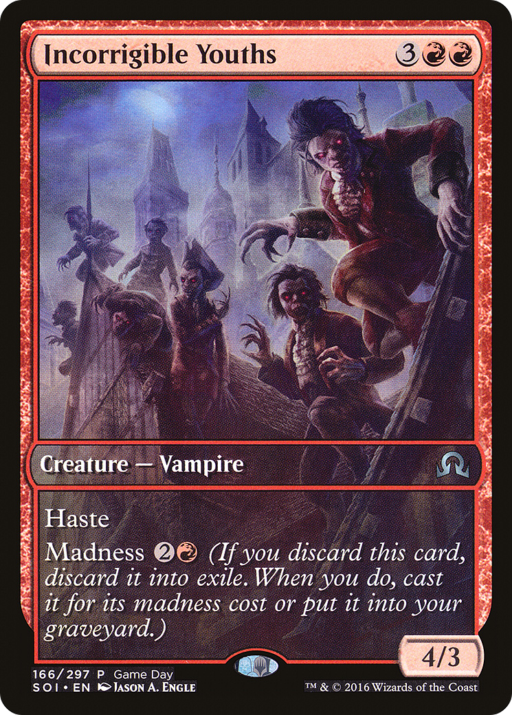 {C} Incorrigible Youths (Game Day) (Extended Art) [Shadows over Innistrad Promos][PA SOI 166]