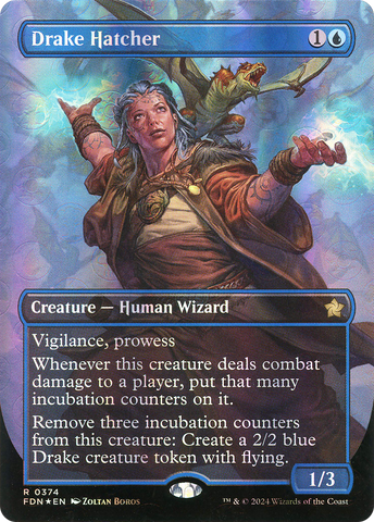 {@R} Drake Hatcher (Borderless) (Mana Foil) [Foundations][FDN 374]
