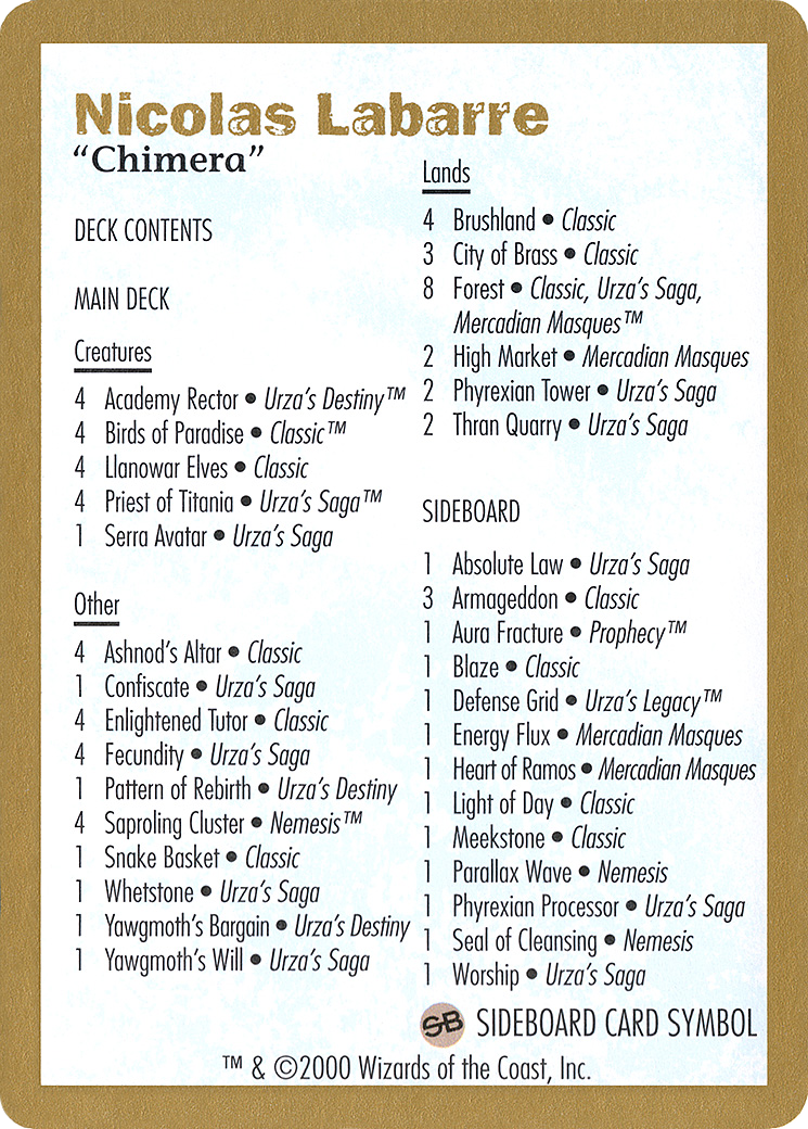 {C} Nicolas Labarre Decklist [World Championship Decks 2000][GB WC00 NL0B]