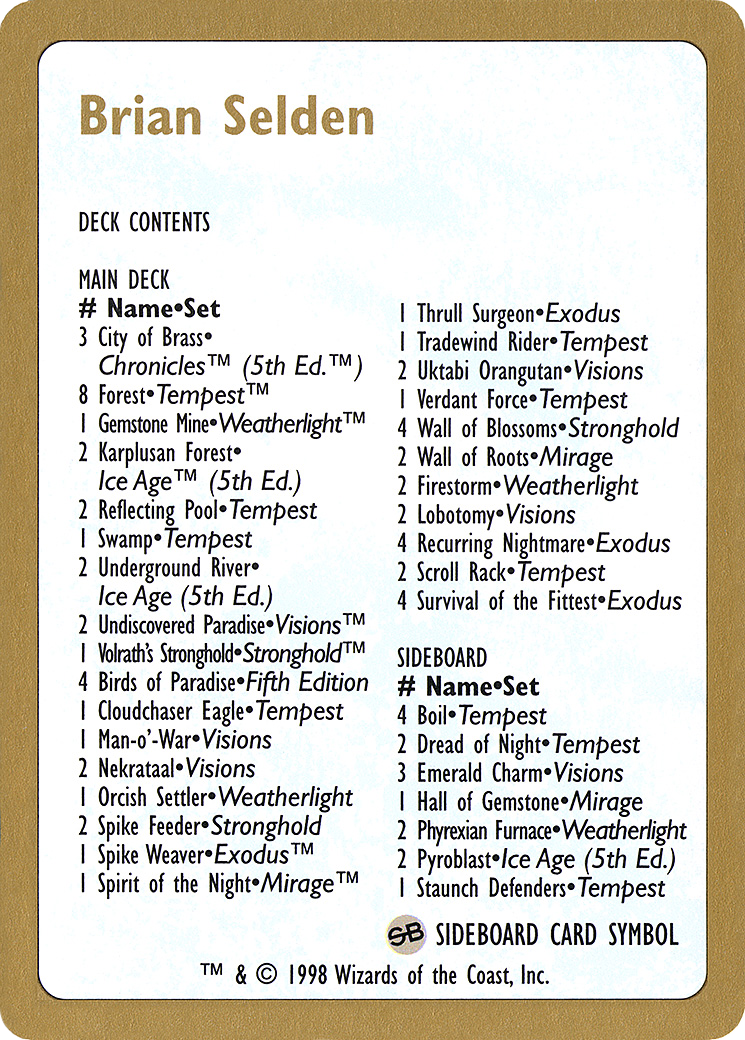 {C} Brian Selden Decklist [World Championship Decks 1998][GB WC98 BS0B]