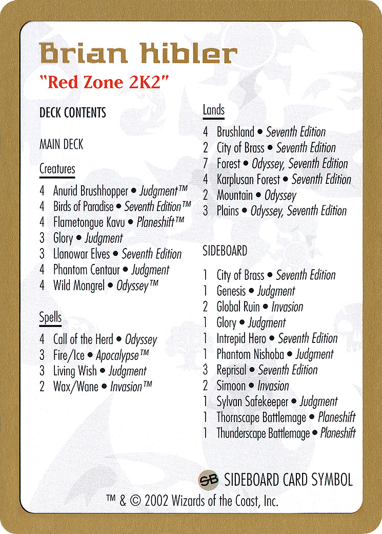{C} Brian Kibler Decklist [World Championship Decks 2002][GB WC02 BK0B]