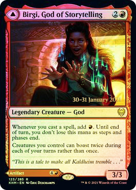{R} Birgi, God of Storytelling // Harnfel, Horn of Bounty [Kaldheim Prerelease Promos][PR KHM 123]