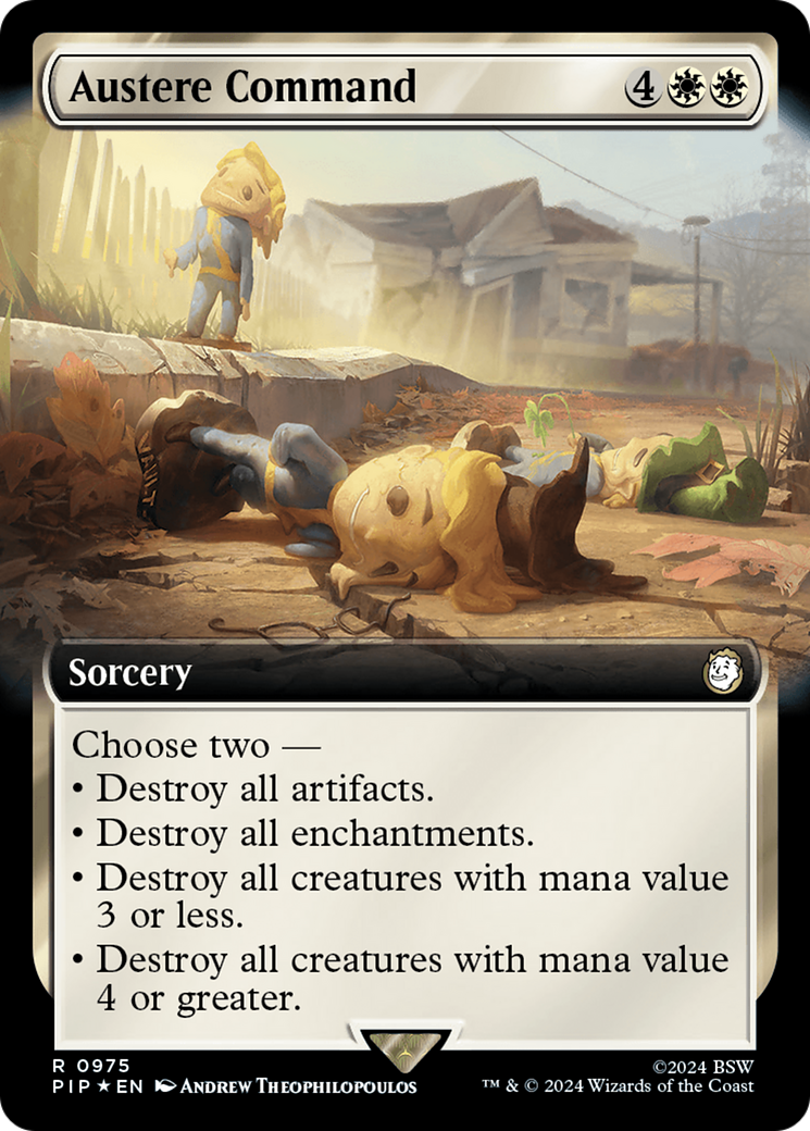 {R} Austere Command (Extended Art) (Surge Foil) [Fallout][PIP 975]