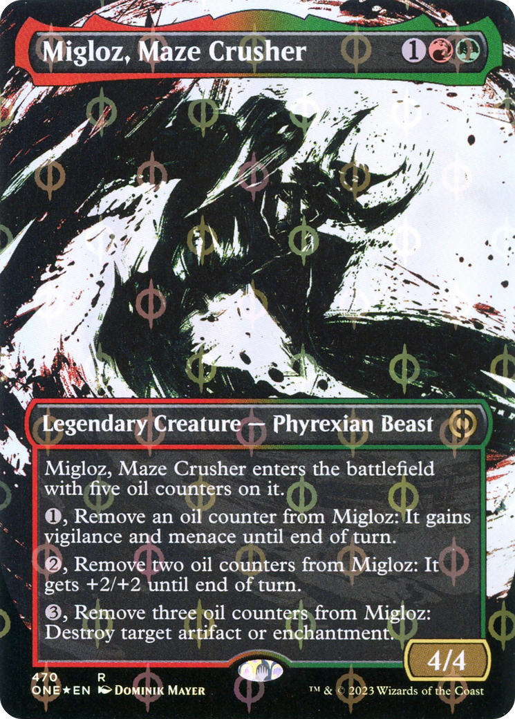 {R} Migloz, Maze Crusher (Borderless Ichor Step-and-Compleat Foil) [Phyrexia: All Will Be One][ONE 470]