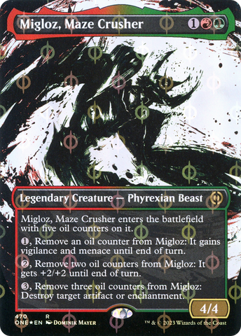 {R} Migloz, Maze Crusher (Borderless Ichor Step-and-Compleat Foil) [Phyrexia: All Will Be One][ONE 470]