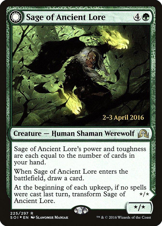 {R} Sage of Ancient Lore // Werewolf of Ancient Hunger [Shadows over Innistrad Prerelease Promos][PR SOI 225]